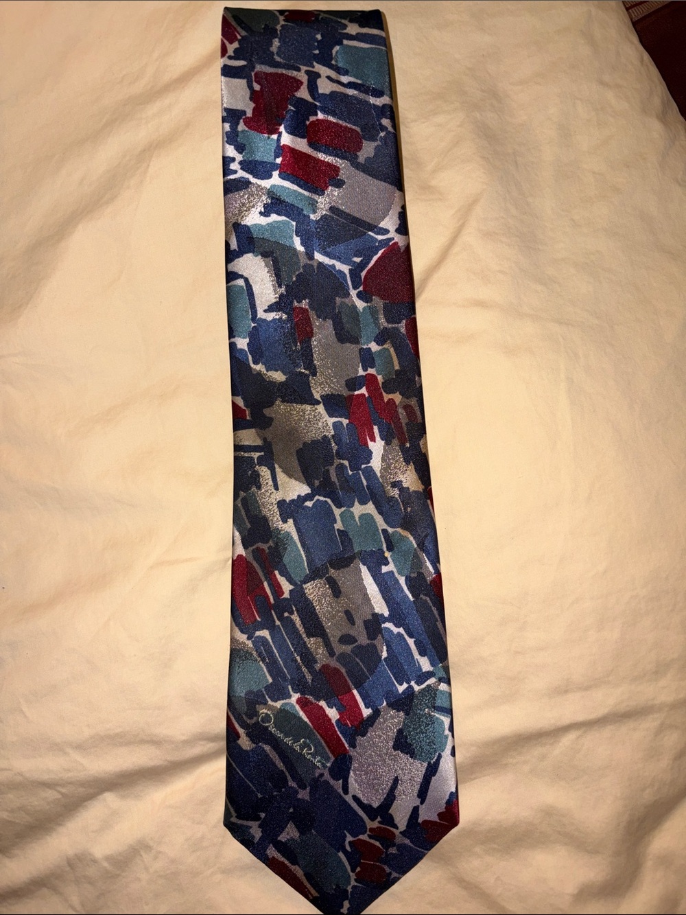 Vintage Oscar de la Renta Studio 80s 90s Abstract Logo Tie Navy Gray Maroon EUC